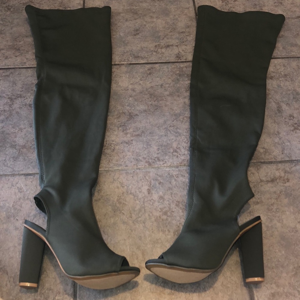 Sleek Open Toe Thigh High Boots Olive (New)